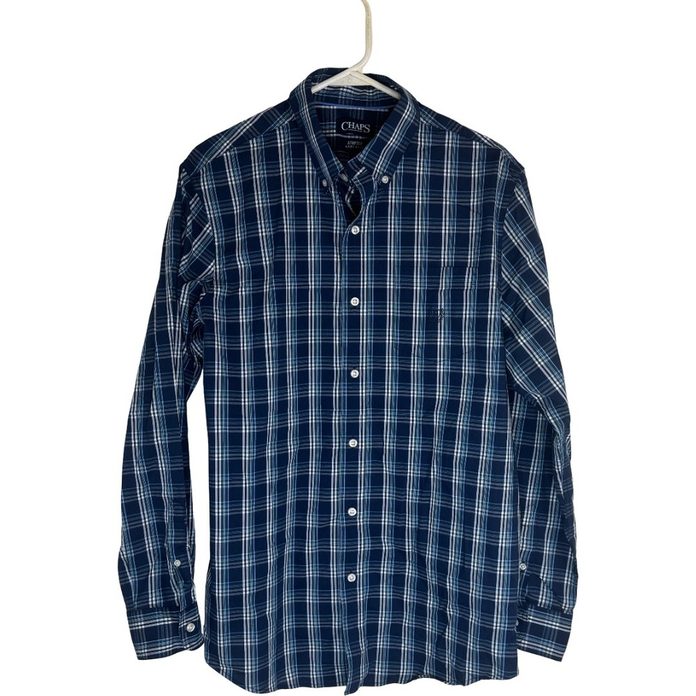 Chaps Button Down Shirt Mens Medium Dark Blue Plaid Stretch Easy Care LongSleeve - Picture 1 of 11